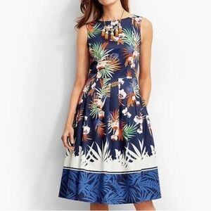 Talbots Botanical High Neck Pleat‎ Flare Sleeveless Pockets Dress Size 6